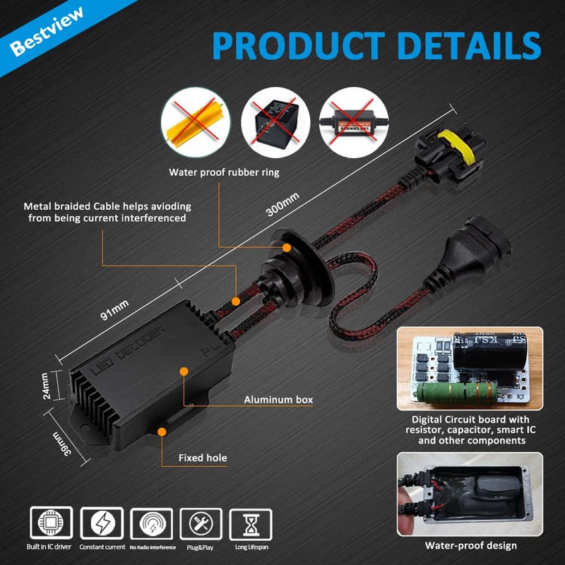 Bestview 2PCS H8 H9 H11 LED Light Canbus Decoder: Anti Flicker Harness, Resistor Decoders Error Free, LED Warning Canceller Resistor Adapter, H8 Canbus Decoder Upgrade with Waterproof Rubber Ring - Image 4