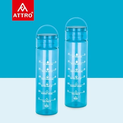 ATTRO Oxy Motivational 1000ml Water Bottle - Time Markers & Inspirational Slogans Mentioned Encourages More Water Intake, Easy-to-Carry Handle- Set of 2 Blue, Plastic - Image 5