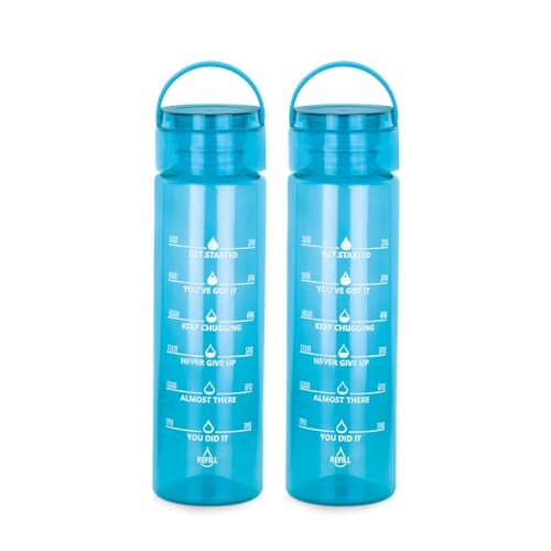 ATTRO Oxy Motivational 1000ml Water Bottle - Time Markers & Inspirational Slogans Mentioned Encourages More Water Intake, Easy-to-Carry Handle- Set of 2 Blue, Plastic - Image 1