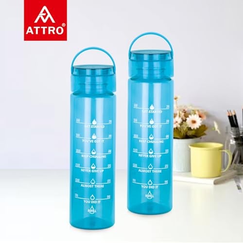 ATTRO Oxy Motivational 1000ml Water Bottle - Time Markers & Inspirational Slogans Mentioned Encourages More Water Intake, Easy-to-Carry Handle- Set of 2 Blue, Plastic - Image 2