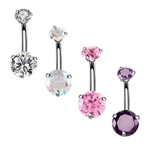 YHMM 14G Surgical Steel Belly Button Rings, Internally Threaded 12mm Long Round CZ Navel Barbell Stud for Women Men (4 Pcs Clear+Colorful+Pink+Purple) - Image 1