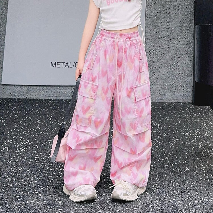 Girls' Quick-Drying Work Pants 2024 Summer Girls' Love Thin Summer Wide-Leg Pants Sweet Cool Style Casual Pants Ice Silk