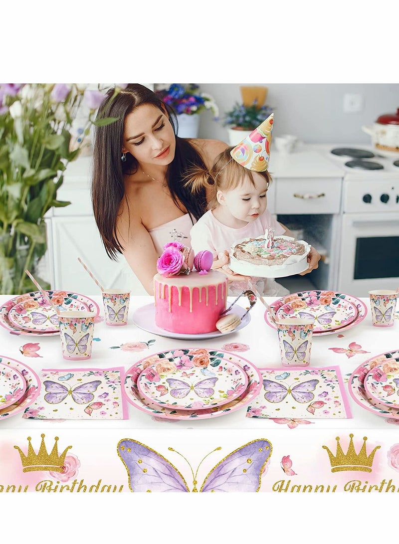 Excefore Butterfly Birthday Decorations, Spring Supply for 20 Guests, Plates Napkins and Themed Plastic Tablecloth Tableware Set Party Decorations - Image 3