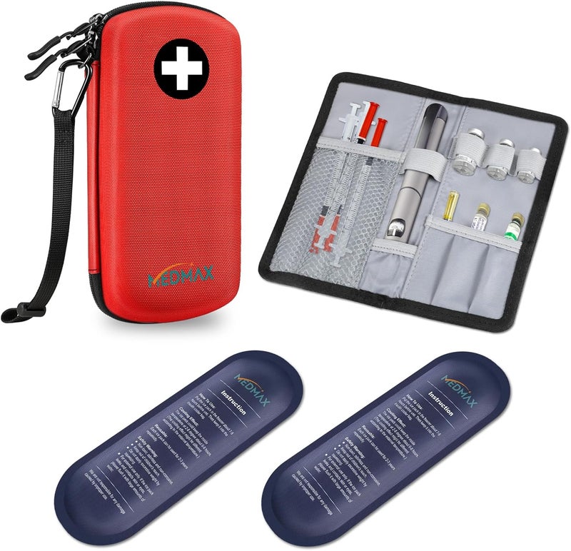 MEDMAX Hard Shell Insulin Cooler Travel Case with 2 Ice Pack Shock Absorption Insulated Diabetic Medication Organizer Carrying Bag with Extra Pouch for Insulin Pen and Other Diabetic Supplies Red - Image 1