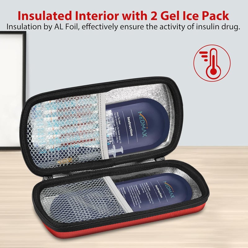 MEDMAX Hard Shell Insulin Cooler Travel Case with 2 Ice Pack Shock Absorption Insulated Diabetic Medication Organizer Carrying Bag with Extra Pouch for Insulin Pen and Other Diabetic Supplies Red - Image 2