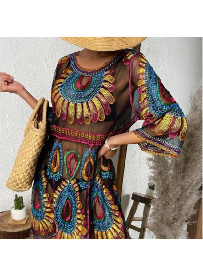 Generic 2024 European And American Beach Blouse Pattern Pullover Can Match Bikini Outside Dressing Women's Vacation Sun Protection Clothing-Color:Black- - Image 2