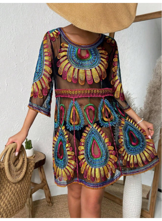 Generic 2024 European And American Beach Blouse Pattern Pullover Can Match Bikini Outside Dressing Women's Vacation Sun Protection Clothing-Color:Black- - Image 1