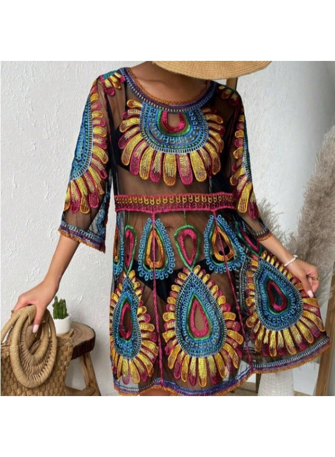 Generic 2024 European And American Beach Blouse Pattern Pullover Can Match Bikini Outside Dressing Women's Vacation Sun Protection Clothing-Color:Black- - Image 3