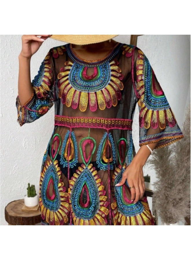 Generic 2024 European And American Beach Blouse Pattern Pullover Can Match Bikini Outside Dressing Women's Vacation Sun Protection Clothing-Color:Black- - Image 4