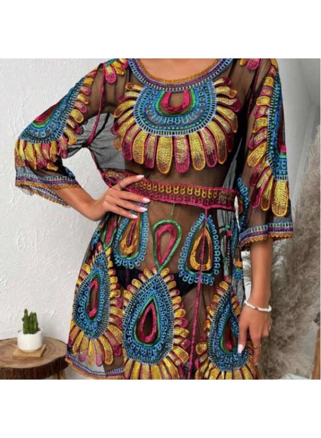 Generic 2024 European And American Beach Blouse Pattern Pullover Can Match Bikini Outside Dressing Women's Vacation Sun Protection Clothing-Color:Black- - Image 5