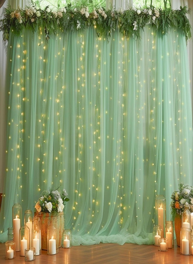 Shillance 10ft x 10ft Green Backdrop Curtain Panels with Lights String for Parties, Sheer Tulle Wedding Backdrop Drapes for Baby Shower Birthday Party Home Decorations - Image 1