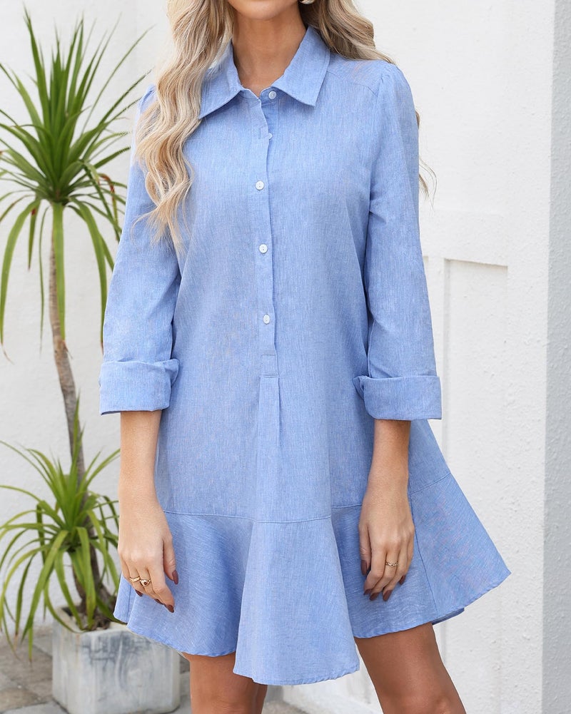 YEXPINE Women Button Up Shift Dress Loose Spring Cotton Linen Short Dress Ruffle Hem Tunic Dress Blue - Image 5