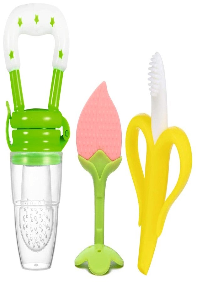 Roforuf Baby Banana Teether,Peach Teether & Fruit Feeder Combo – Safe & Soft Teething Relief & Oral Care Perfect for Newborn Toddlers & Infant Baby - Pack of 3 (Green PCH) - Image 1
