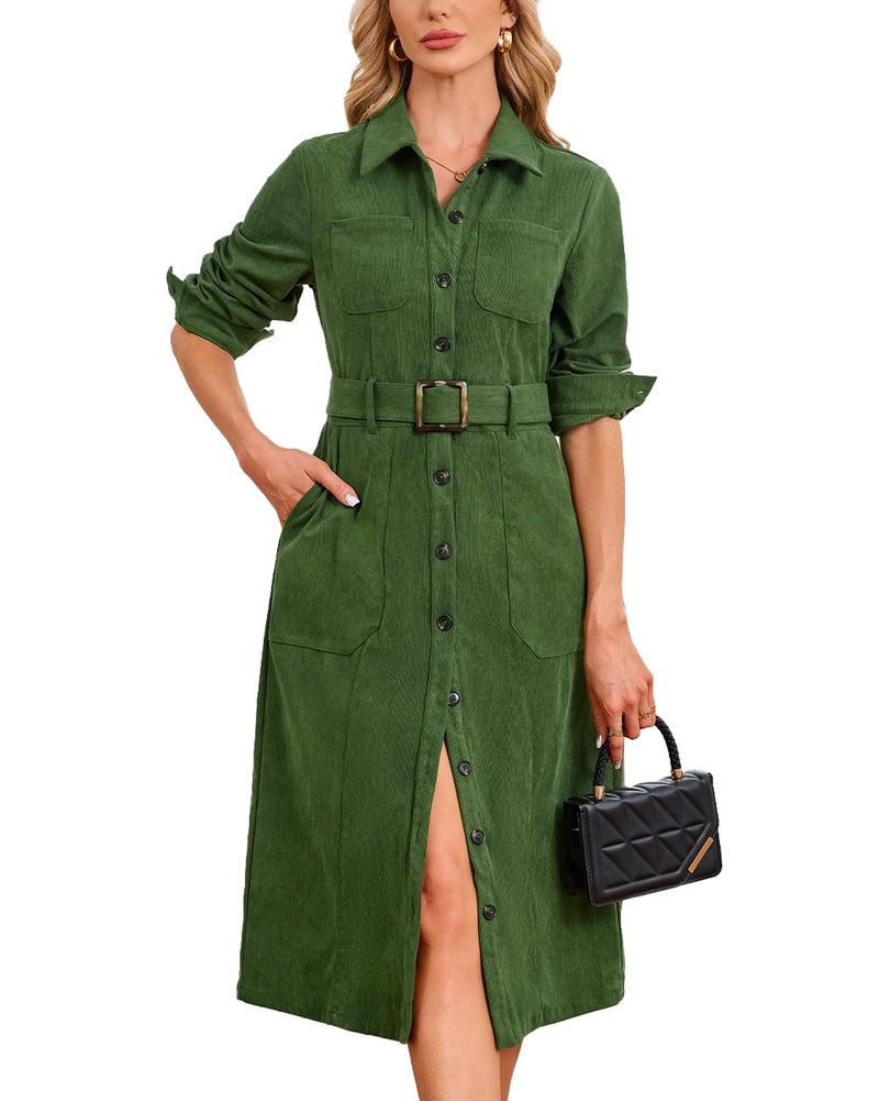 YEXPINE Women's Corduroy Midi Dress Long Sleeve Belted Button Down Shirt Long Dress with Pockets Green - Image 1