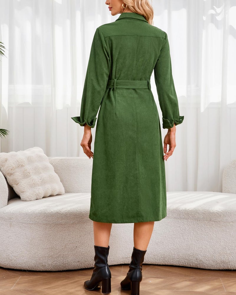 YEXPINE Women's Corduroy Midi Dress Long Sleeve Belted Button Down Shirt Long Dress with Pockets Green - Image 4