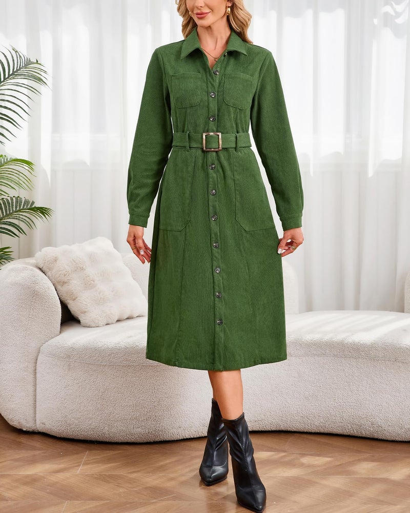 YEXPINE Women's Corduroy Midi Dress Long Sleeve Belted Button Down Shirt Long Dress with Pockets Green - Image 3