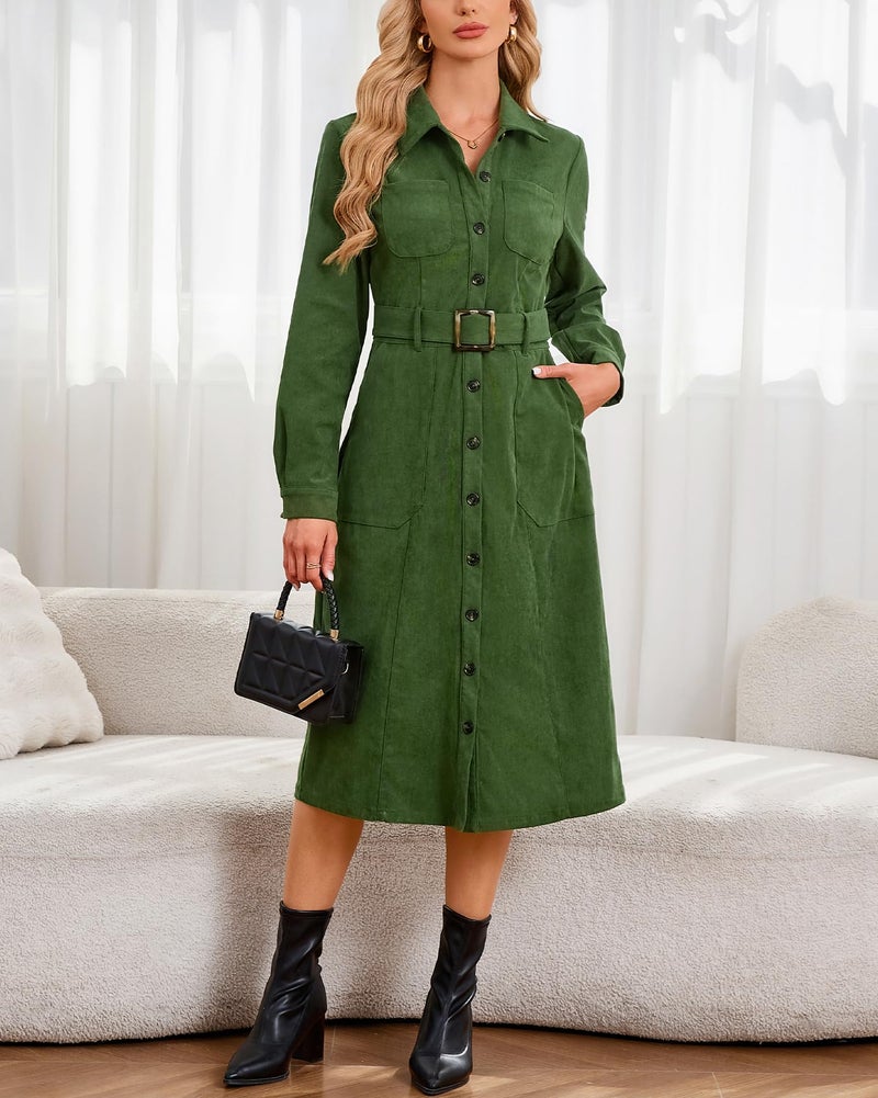 YEXPINE Women's Corduroy Midi Dress Long Sleeve Belted Button Down Shirt Long Dress with Pockets Green - Image 2