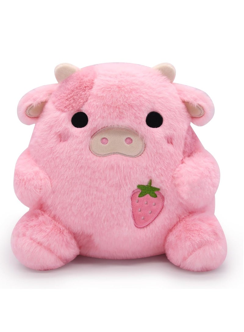 KASTWAVE دردشة بقرة محشوة بالفراولة، وسادة حيوانات، وسادة محشوة ناعمة، محشوة قلق، وسادة قطنية للأطفال، دمية ناعمة، هدايا لطيفة للأولاد والبنات، بقرة جالسة - Image 1