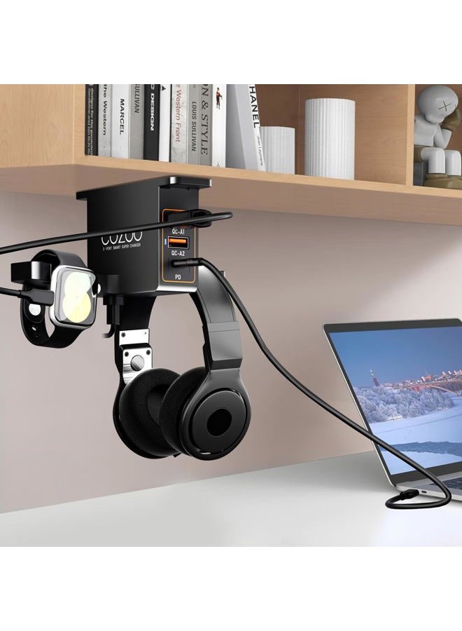 cozoo حامل سماعة الرأس تحت المكتب مع محطة شحن USB 3 منافذ - Image 2