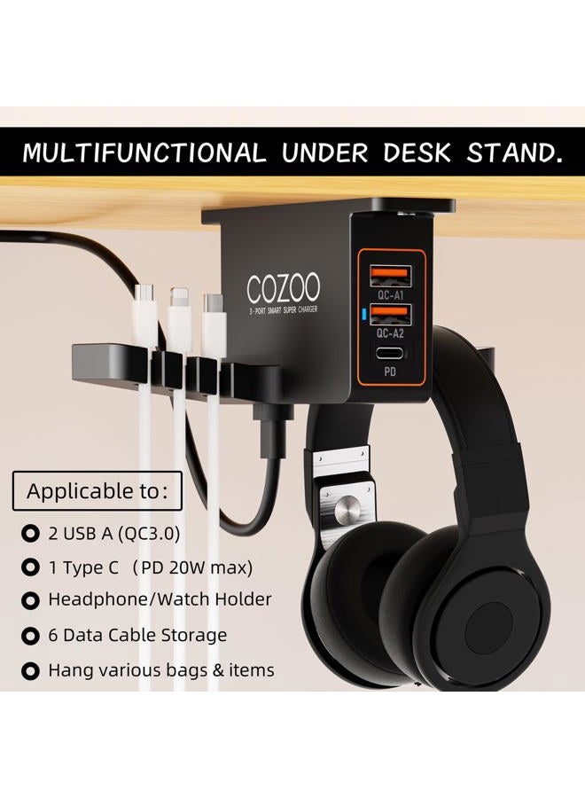 cozoo حامل سماعة الرأس تحت المكتب مع محطة شحن USB 3 منافذ - Image 3
