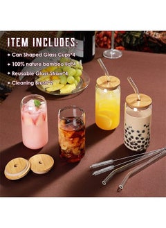 Arabest 4 Pieces Drinking Glasses With Bamboo Lids And Glass Straw Set Can Shaped Glass Cups Beer Glasses Iced Coffee Glasses Dishwasher Safe, For Cocktail Whiskey Gift With 2 Cleaning Brushes  - Image 2