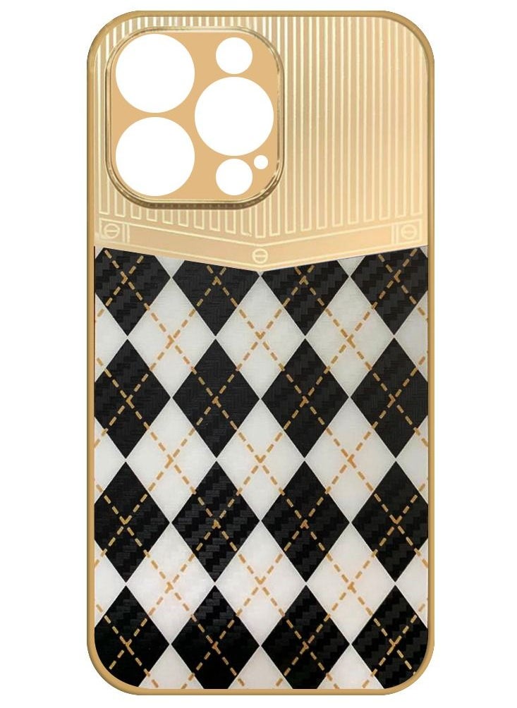 JOWAY iPhone 13 Pro Max Luxury Gold Plated Case Hybrid Electroplated Frame Back Cover with Carbon Fiber Texture Rhombus Pattern White/Black  - Image 2