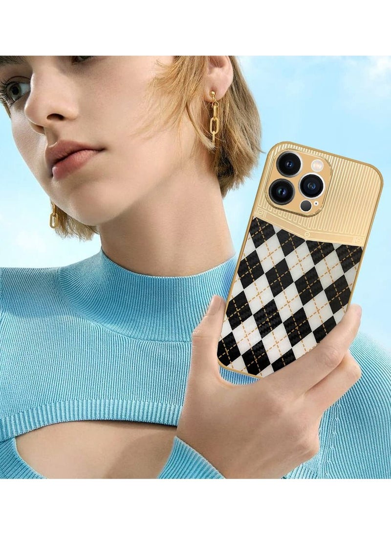 JOWAY iPhone 13 Pro Max Luxury Gold Plated Case Hybrid Electroplated Frame Back Cover with Carbon Fiber Texture Rhombus Pattern White/Black  - Image 4