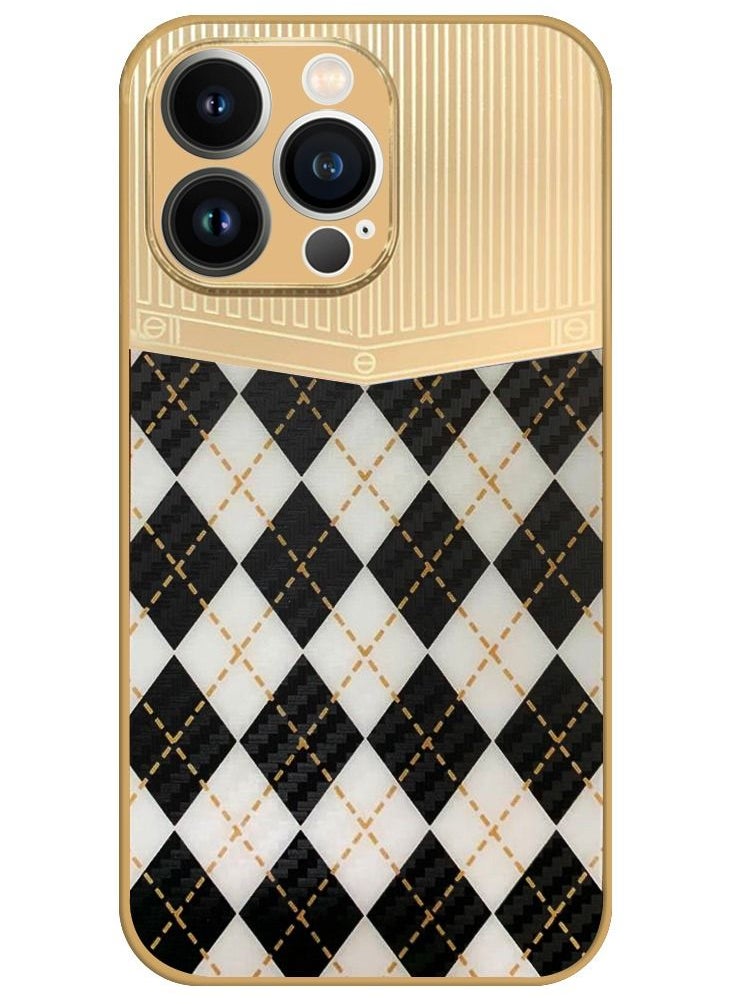 JOWAY iPhone 13 Pro Max Luxury Gold Plated Case Hybrid Electroplated Frame Back Cover with Carbon Fiber Texture Rhombus Pattern White/Black  - Image 1