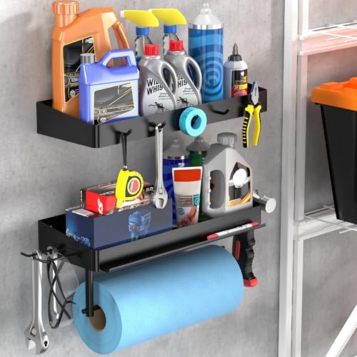 ZUNTO Pack of 2 Black Paper Towel Holder and Organizer Shelf for Garage, Wall Mounted Paper Roll Holder with Shelf and Hooks, Drilling Garage Organization and Storage - Image 1