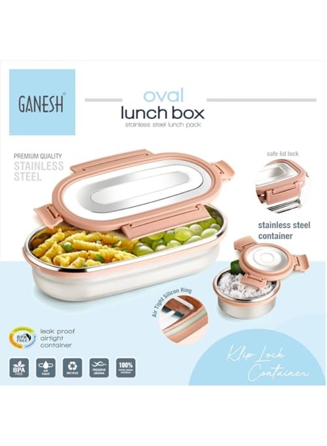 Ganesh Oval Lunch Box Steel with 4 Side Lock Lid, 650 ml and Inner Stainless Steel Container, 100 ml Easy to Carry (Mulitcolor) - Image 3