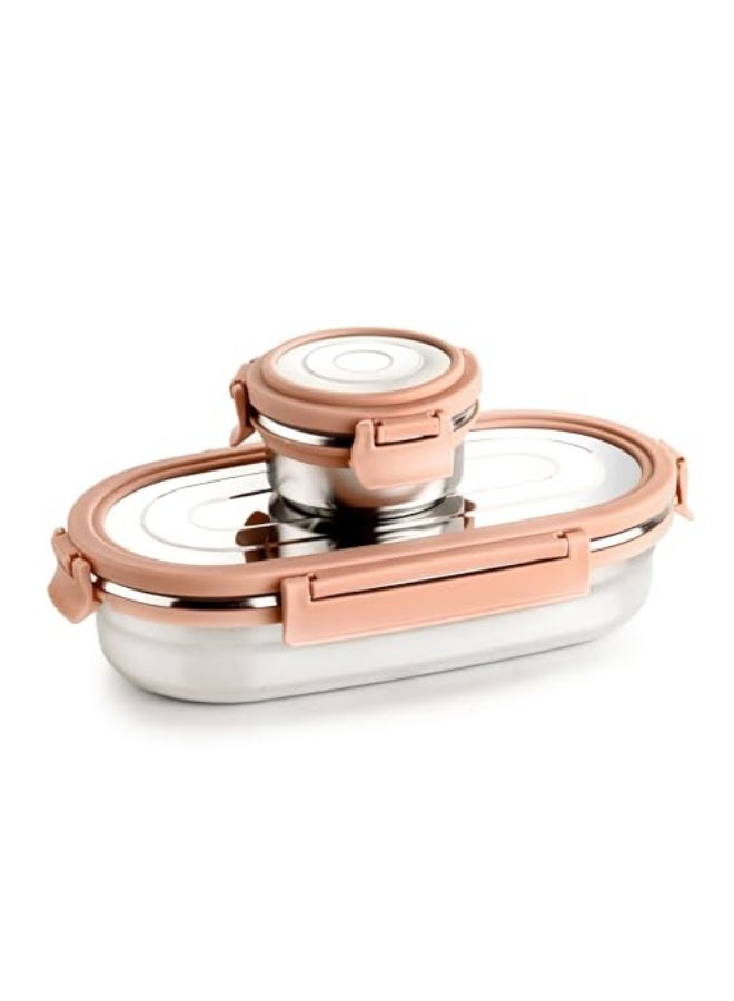 Ganesh Oval Lunch Box Steel with 4 Side Lock Lid, 650 ml and Inner Stainless Steel Container, 100 ml Easy to Carry (Mulitcolor) - Image 1