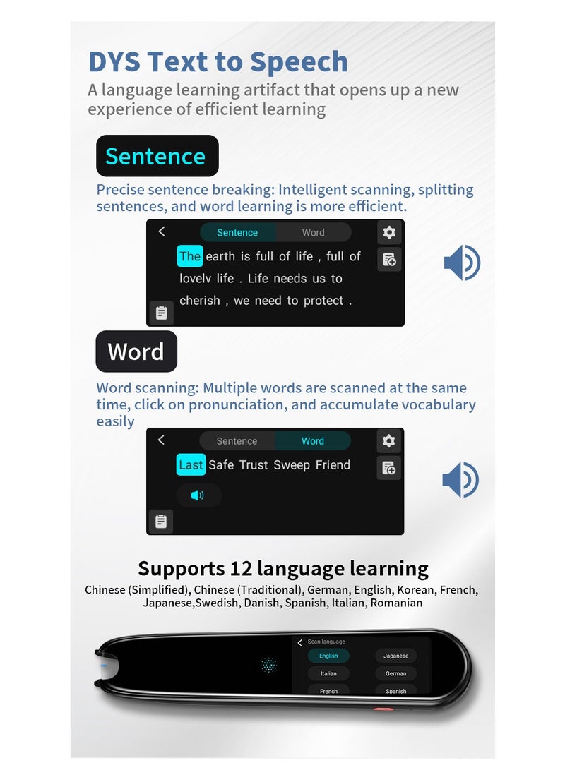 Smart Reading Pen with High-Speed Scanmarker Digital Scanner for Translation OCR and Dyslexia Reading AI Portable Translator Intelligent Education Pen Voice Translation Scanner for Class or Meetings - Image 5