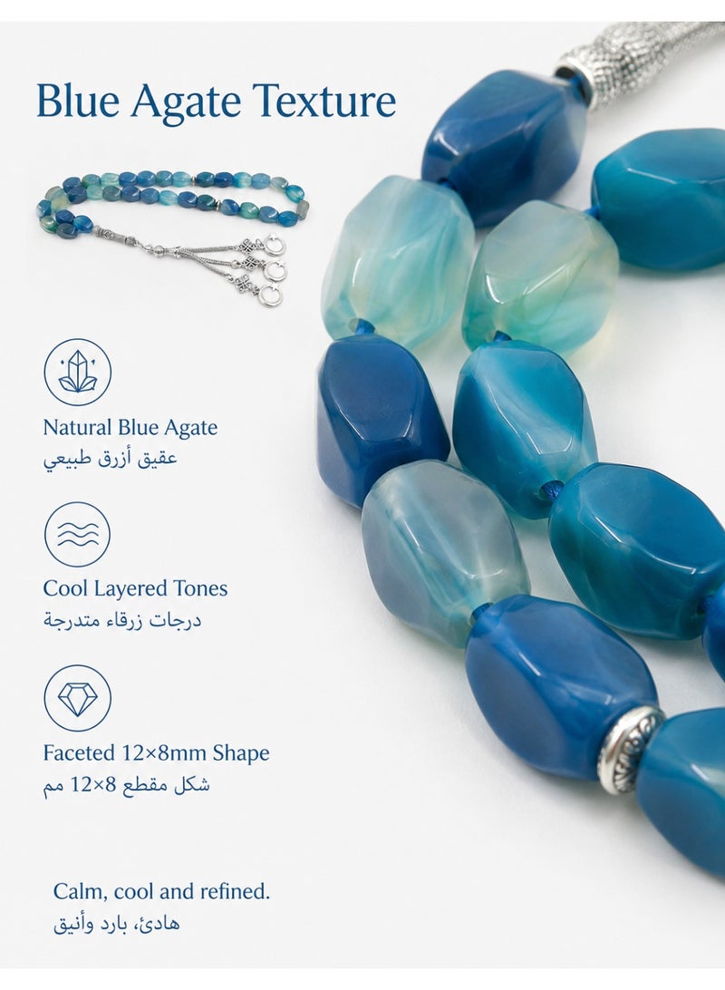فوريكاسا فيوريكاسا سبحة رجالية من العقيق الأزرق الطبيعي، 33 حبة مقاس 12×8 مم بتصميم مقطع، وزن 57 جم، تفاصيل معدنية مطلية ونهاية بثلاث سلاسل، علبة هدايا بدرج، هدية لرمضان والعيد - Image 2