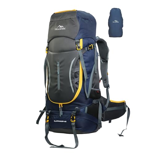 TRAWOC CLIFFHIKER 65 Liter Internal Frame Trekking Hiking Camping Backpack Travel Bag Front & Top Loading Rucksack ag for Men & Women Laptop/Rain Cover/Shoe Compartment, HK010, Black Grey - Image 1