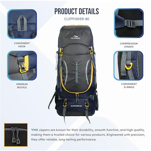TRAWOC CLIFFHIKER 65 Liter Internal Frame Trekking Hiking Camping Backpack Travel Bag Front & Top Loading Rucksack ag for Men & Women Laptop/Rain Cover/Shoe Compartment, HK010, Black Grey - Image 2