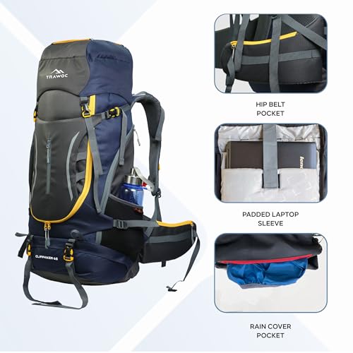 TRAWOC CLIFFHIKER 65 Liter Internal Frame Trekking Hiking Camping Backpack Travel Bag Front & Top Loading Rucksack ag for Men & Women Laptop/Rain Cover/Shoe Compartment, HK010, Black Grey - Image 4