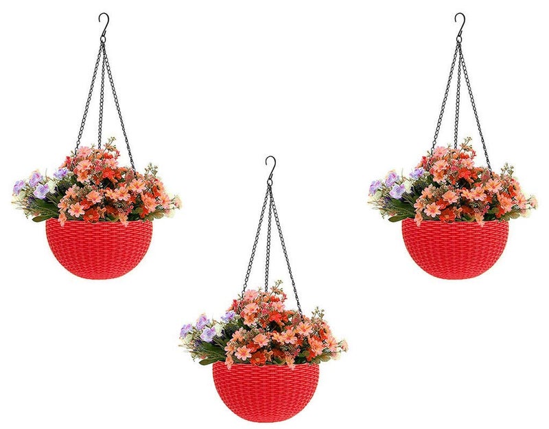 Bianco Round Rattan Woven Hanging Planters with Hanging Chain, Hanging Pots for Plants Balcony (Red, Set of 3, 7.1x4.8 Inch) - Image 5