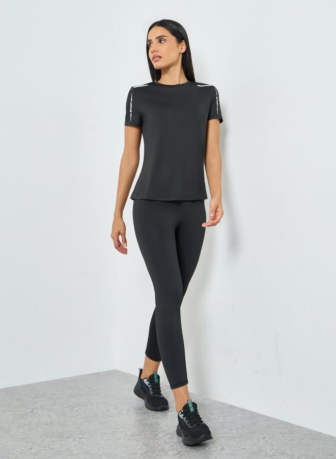 Styli Active Black Shoulder Reflective Stripe and Text Detail Short Sleeves Top - Image 2