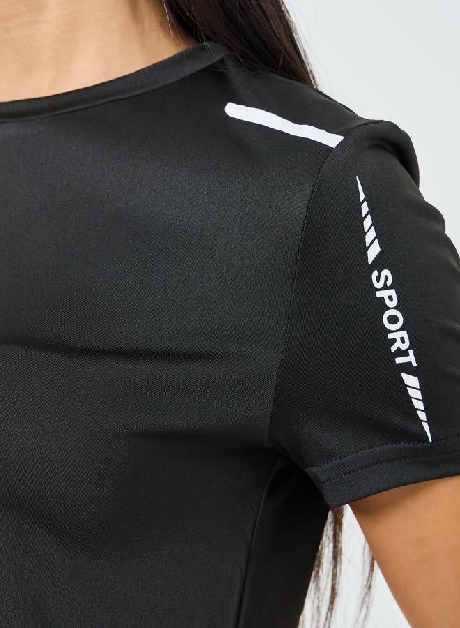 Styli Active Black Shoulder Reflective Stripe and Text Detail Short Sleeves Top - Image 3