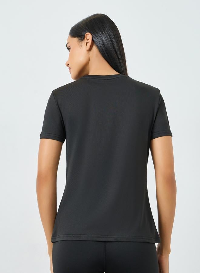 Styli Active Black Shoulder Reflective Stripe and Text Detail Short Sleeves Top - Image 4