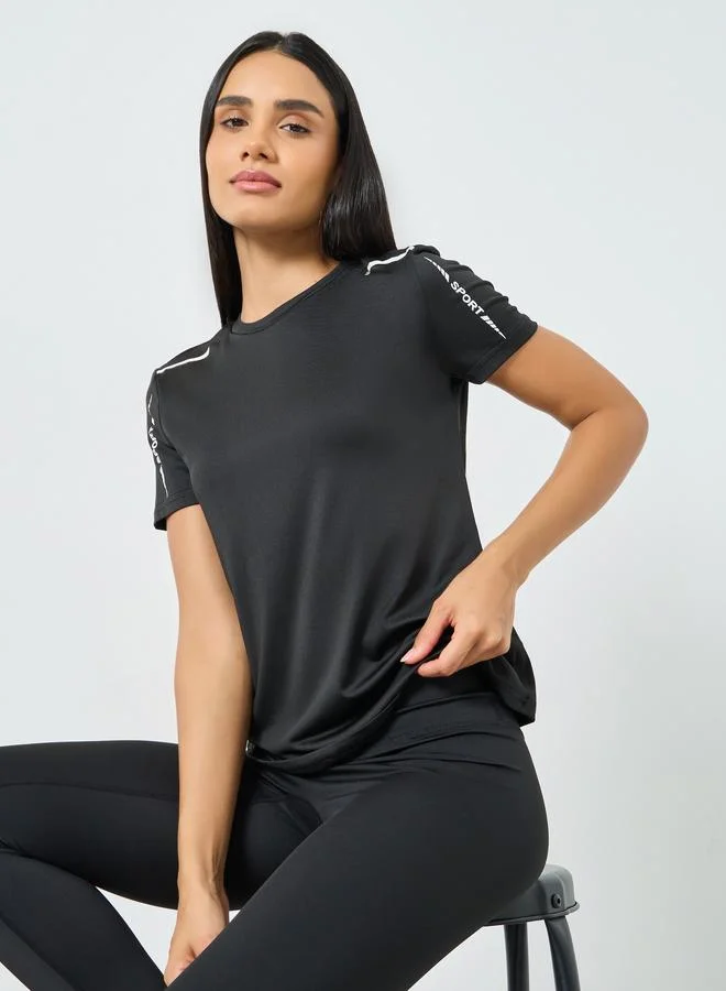 Styli Active Black Shoulder Reflective Stripe and Text Detail Short Sleeves Top