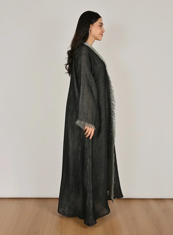 Hawraa Abaya Flowing Flared Wrap Abaya with Soft Edges and Delicate Tassel Detailing