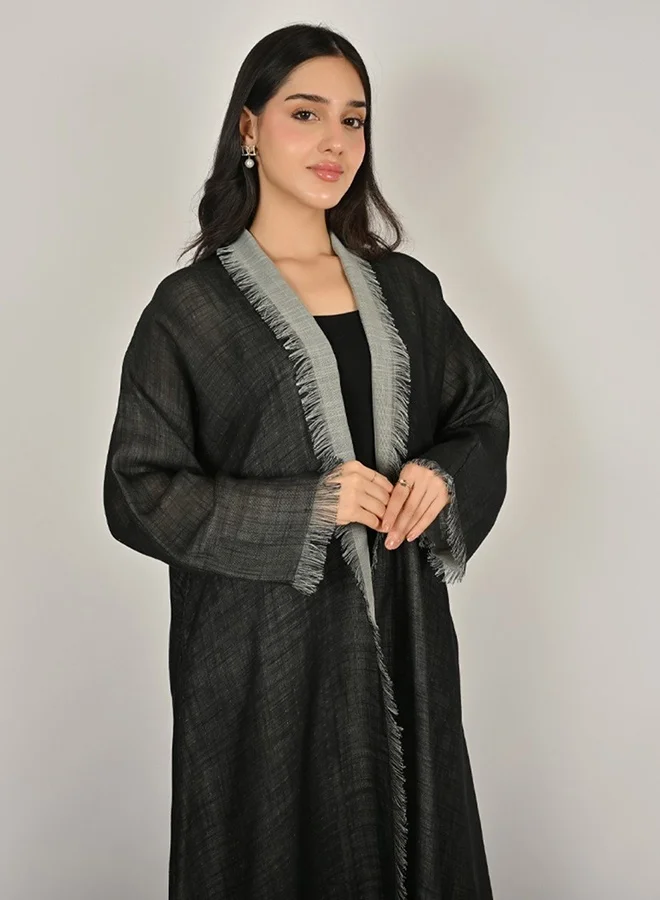 Hawraa Abaya Flowing Flared Wrap Abaya with Soft Edges and Delicate Tassel Detailing