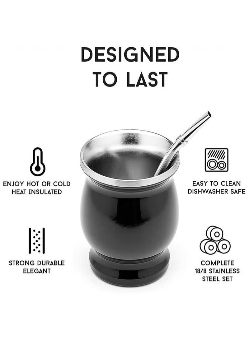 Y&D Yerba Mate Tea Cup, Stainless Steel Double Walled Easy Wash Household Insulation Gourds for Loose Leaf Drinking with Bombilla Straw, Black, 230 Ml - Image 3