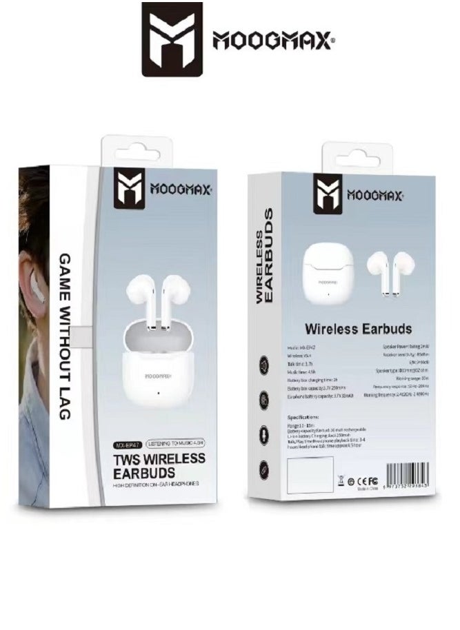 MOOGMAX - Moogmax MX-EP47 A TWS wireless Earbuds with built-in a clear microphone and powerful HAFI clear sound, game without lag, Bluetooth 5.4V and ergonomic elegant design. in white color - Image 1
