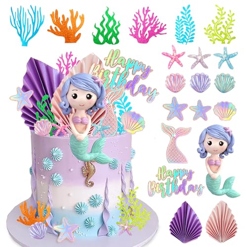 DRWATE 20 PCS Mermaid Cake Toppers with 3D Mermaid Seaweed Folding Fans Shell Starfish Cake Decorations STYLE1 - Image 1