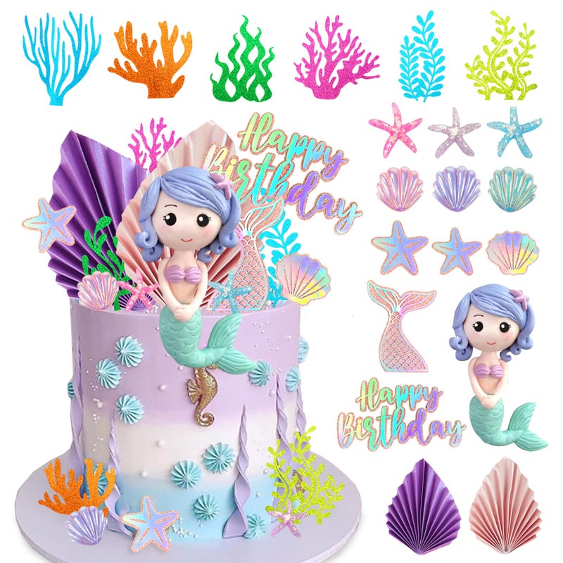 DRWATE 20 PCS Mermaid Cake Toppers with 3D Mermaid Seaweed Folding Fans Shell Starfish Cake Decorations STYLE1 - Image 3
