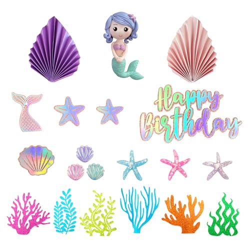 DRWATE 20 PCS Mermaid Cake Toppers with 3D Mermaid Seaweed Folding Fans Shell Starfish Cake Decorations STYLE1 - Image 5