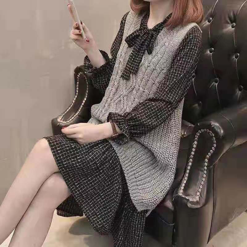 Two-piece Vest Sweater Spring and Autumn New Womens Fashionable Long Loose plus size Knitted Shirt Vest Skirt Two-piece Set Gray vest - Image 1