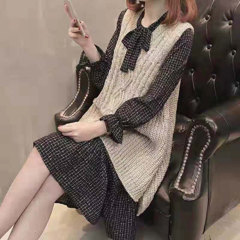 Two-piece Vest Sweater Spring and Autumn New Womens Fashionable Long Loose plus size Knitted Shirt Vest Skirt Two-piece Set Gray vest - Image 3